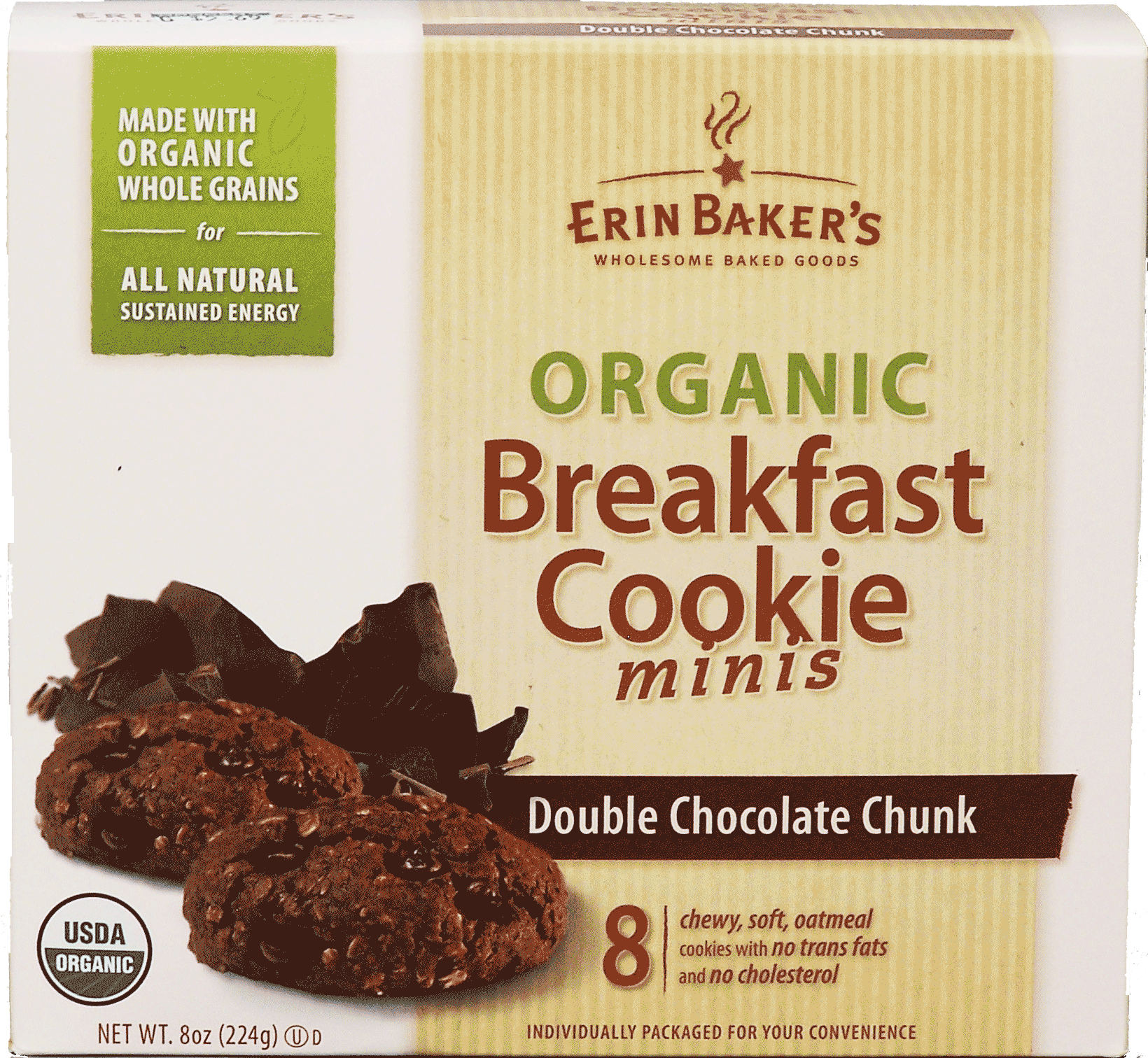 Erin Baker's&nbsp;Organic Breakfast Cookie Minis&nbsp;double chocolate chunk, 8 chewy, soft oatmeal cookies with no trans fat and no cholesterol Full-Size Picture